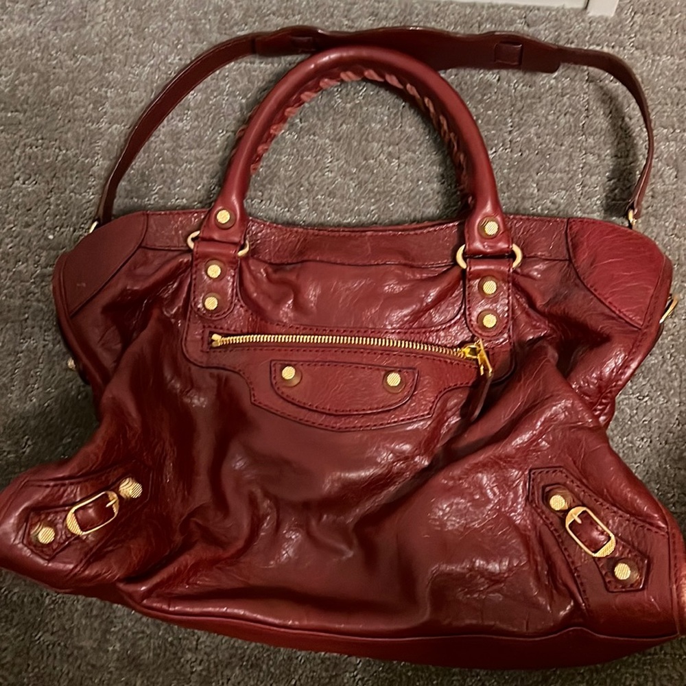 Balenciaga city leather bag- burgundy with gold hardware